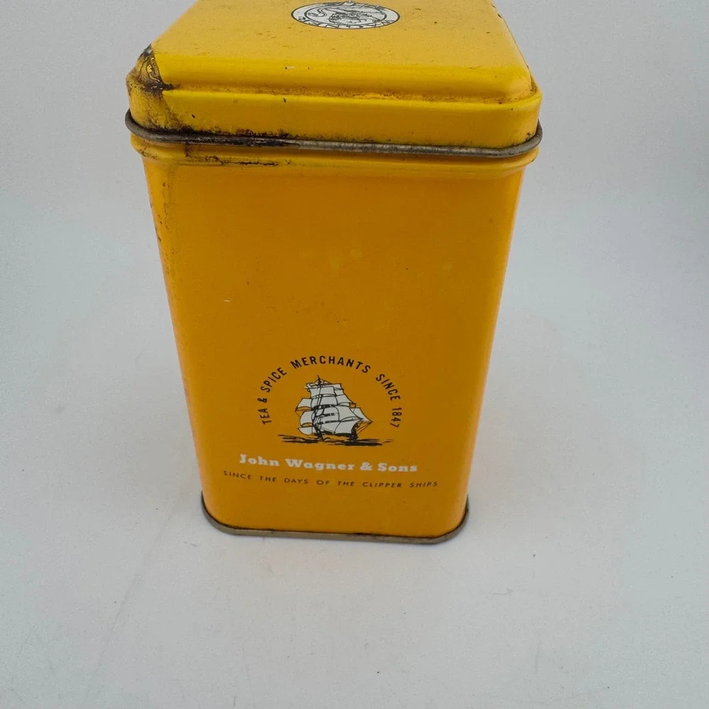 John Wagner & Sons Tea Tin 4oz Yellow Vintage Orange Pekoe Clipper Ship